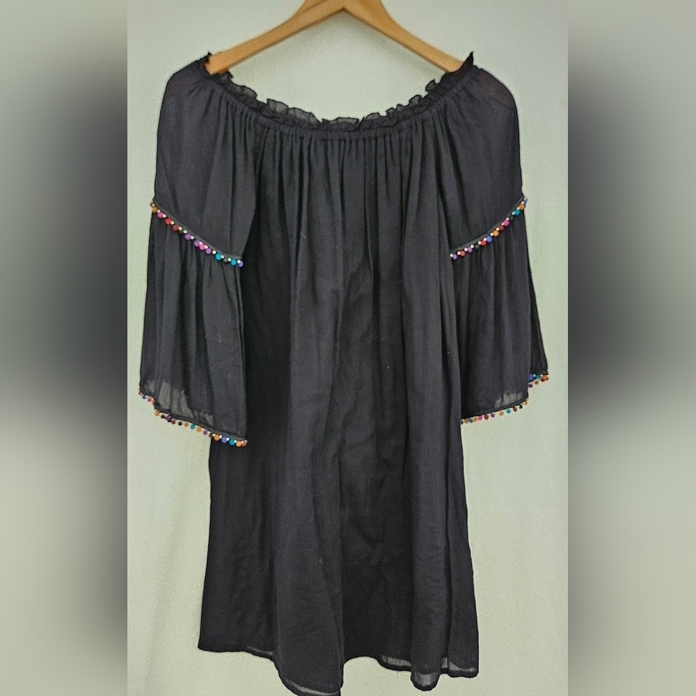 3/$25 Mlle Gabrielle Black Off the Shoulder Boho Dress with Tassels Size Small